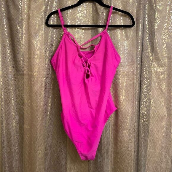Forever 21 Neon Hot Pink Lace Up Front One Piece Swimsuit, XL - Picture 1 of 4